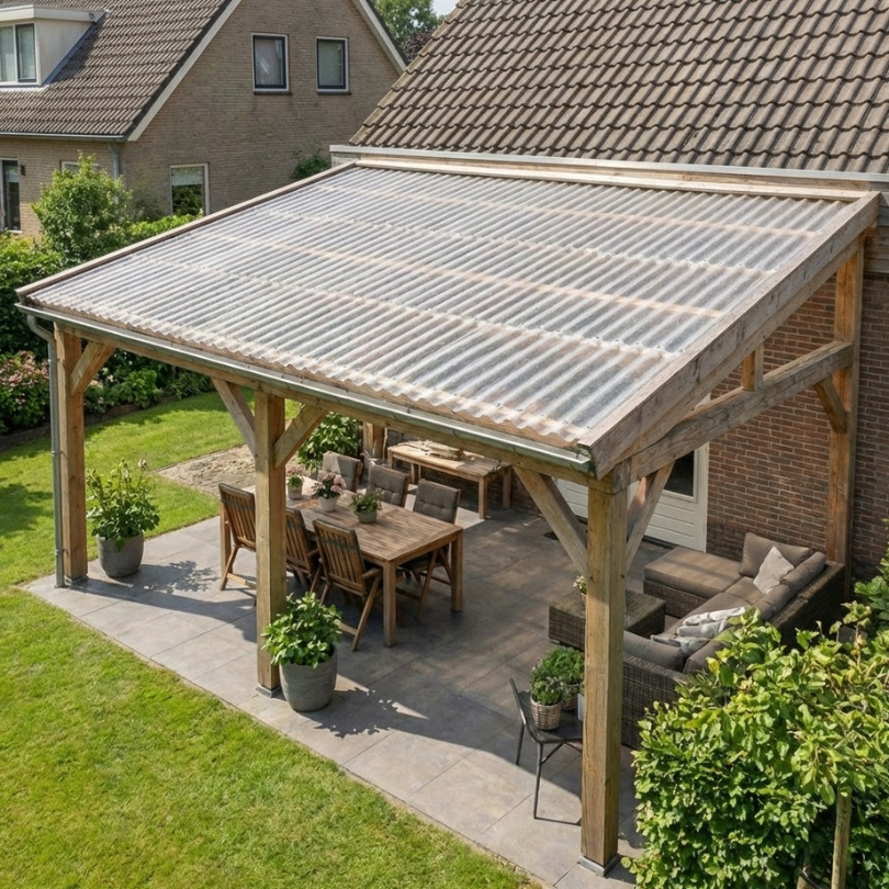 Luxe houten overkapping in achtertuin voorzien van lichtdoorlatende polyester golfplaat op rol 76/18 van DaglichtDirect