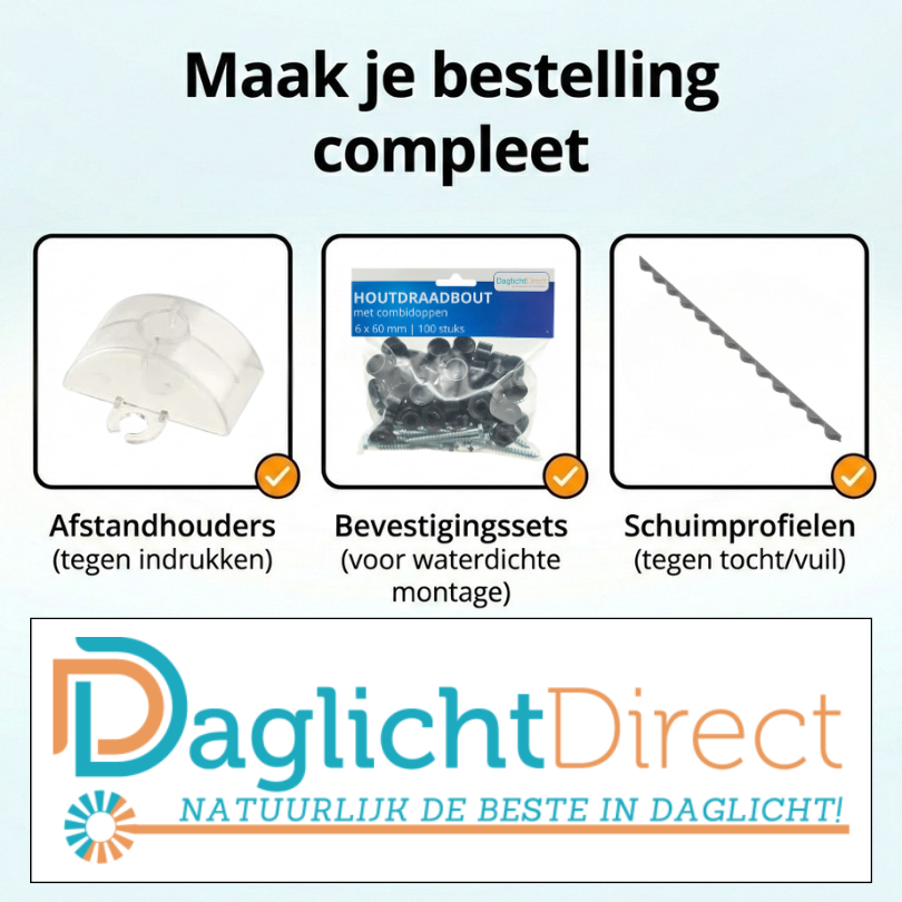 Overzicht van DaglichtDirect accessoires om je bestelling compleet te maken afstandhouders tegen indrukken, bevestigingssets voor waterdichte montage en schuimprofielen tegen tocht en vuil.